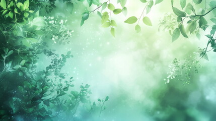 Misty forest background, soft greens and blues