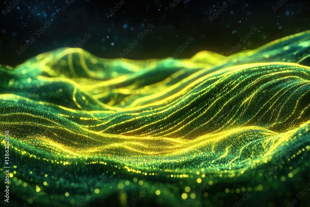 Poster abstract landscape of luminous green and yellow particles forming undulating hills under a starry, b
