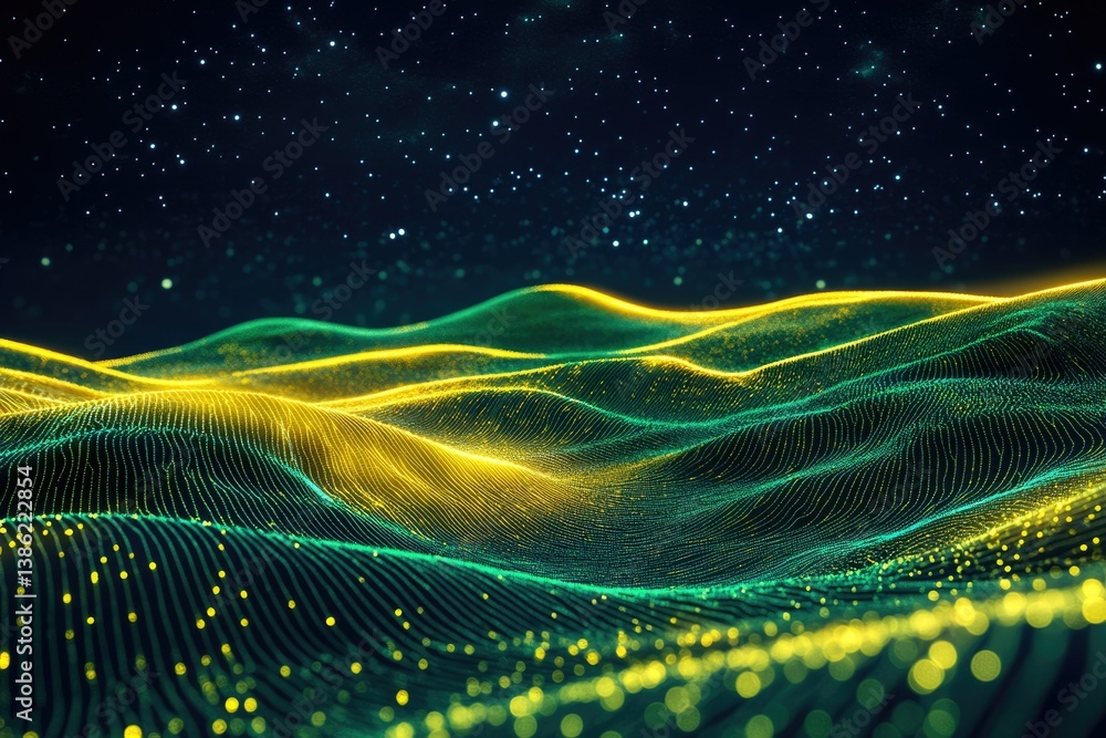Poster abstract digital landscape with yellow and green glowing lines resembling waves under a starry night