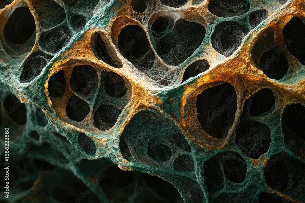 Poster close-up of a porous, sponge-like material with brown and green hues, displaying intricate, intercon