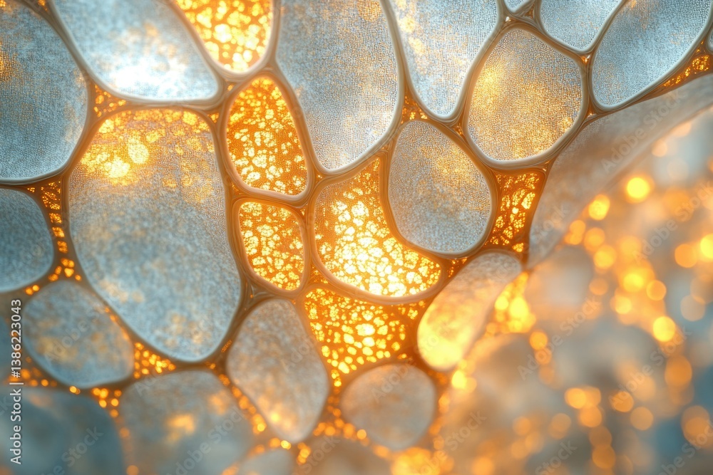 Poster Abstract cellular texture with golden light glowing between textured pale blue cells, creating a warm, ethereal bioluminescent effect.