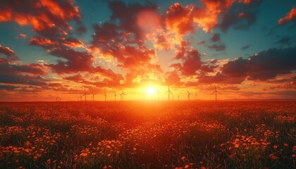Obraz premium Fiery Sunset over a Field of Wildflowers and Wind Turbines