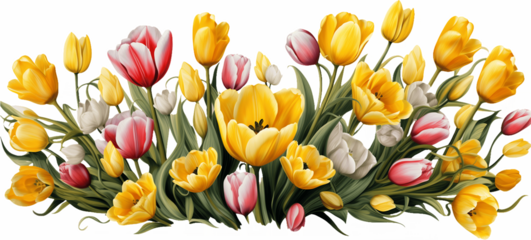 Yellow tulip flower bouquet arrangement with pink red accents on white background perfect for spring celebration design