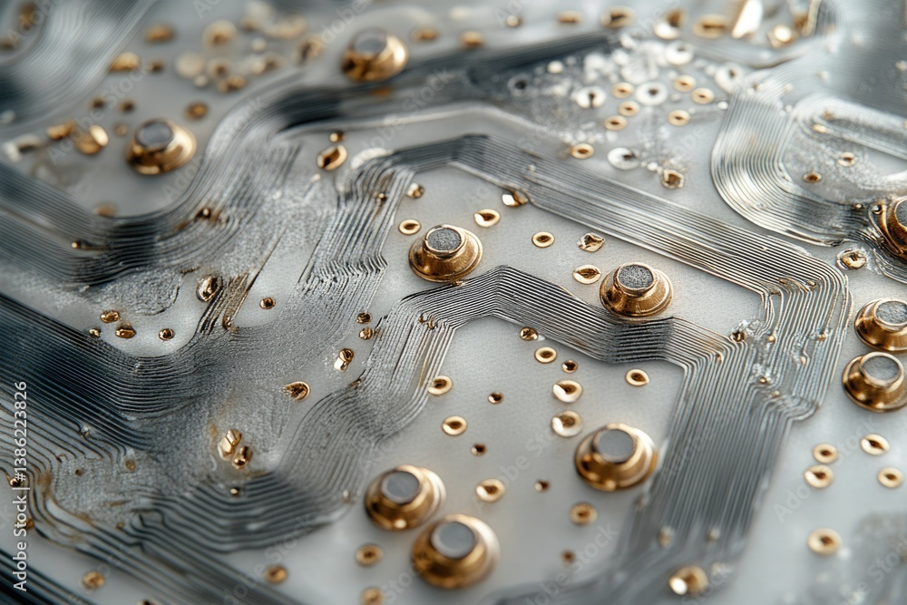 Fototapete close-up of a circuit board with golden components and silver wiring, creating an intricate and abst