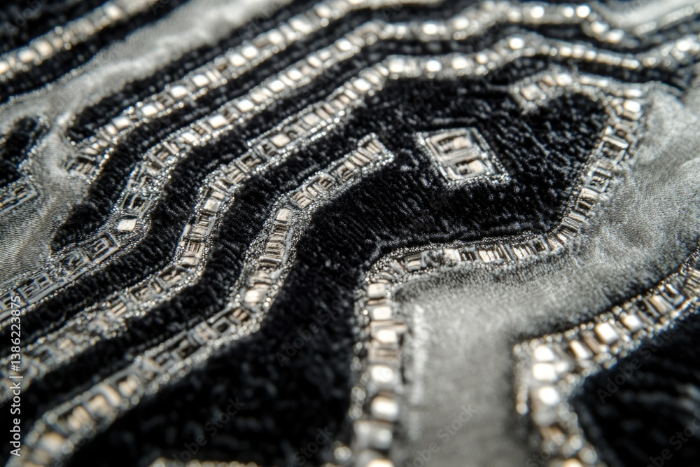Aufkleber a close-up shot of an intricately beaded black and silver fabric with a decorative geometric design,