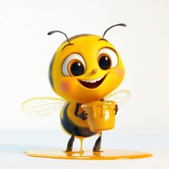 Obraz premium Cute Cartoon Bee Holding Honey Pot Dripping Sweet Liquid