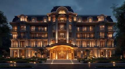 Grand European Hotel at Night: Architectural Marvel
