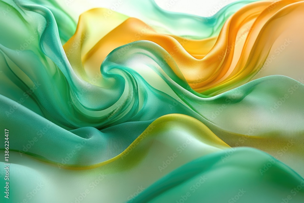 Poster abstract flowing fabric with green, yellow, and orange hues, creating a soft and ethereal design wit