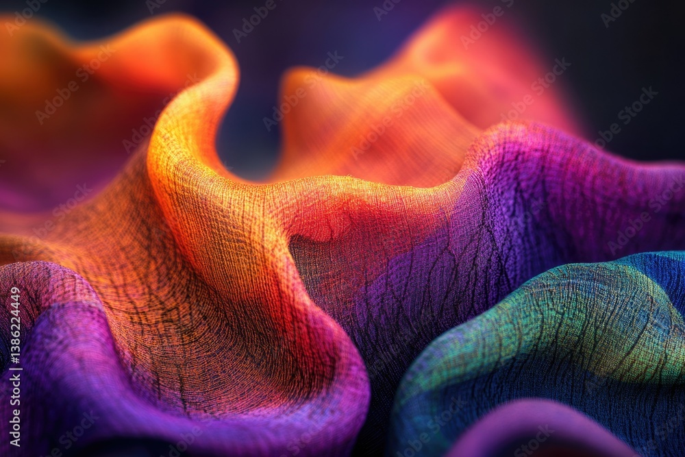 Aufkleber Abstract image of undulating fabric with vibrant color gradients transitioning from orange to purple and blue, creating a mesmerizing visual effect.
