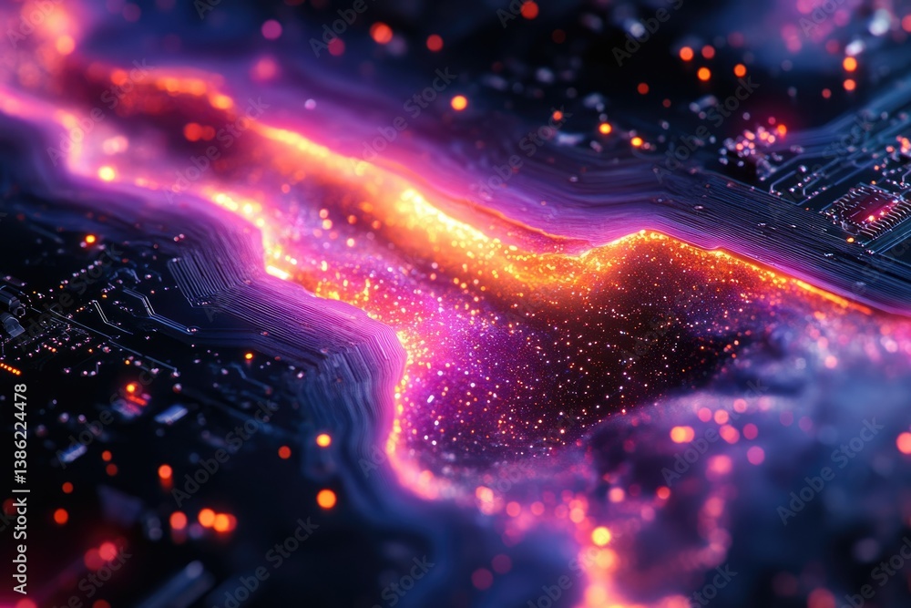 Poster abstract circuit board with glowing purple and orange light, representing digital technology and inn