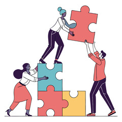 Business Teamwork concept. Contemporary flat style abstract vector illustration of a company of diverse people putting together a huge puzzle details. 