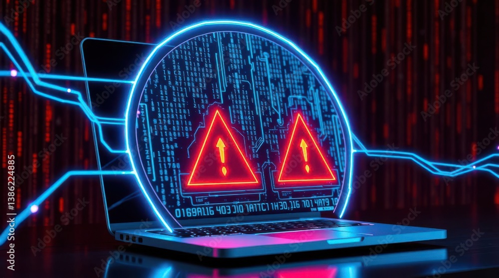 Poster cybersecurity alert displayed on a laptop screen, warning of potential threats and system vulnerabil