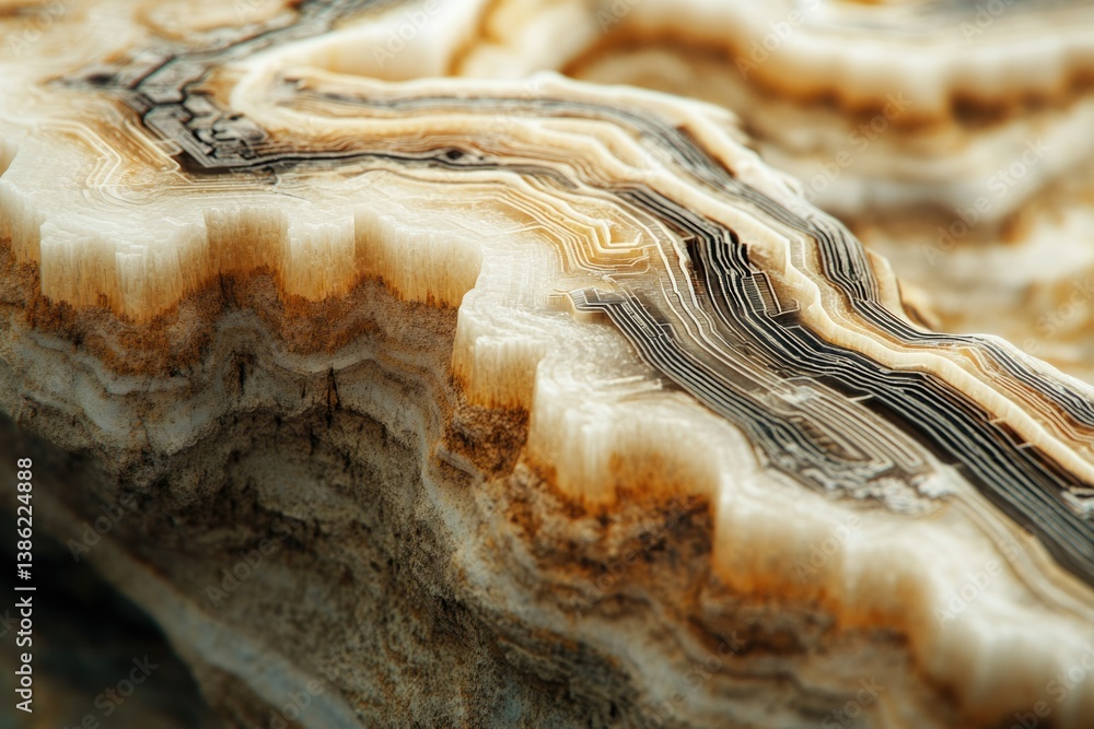 Poster close-up shot of polished onyx stone with brown and beige layers, showcasing intricate natural patte