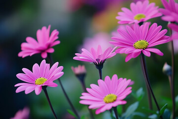 Blooming Pink Daisies in Garden with Soft Focus and Natural Light