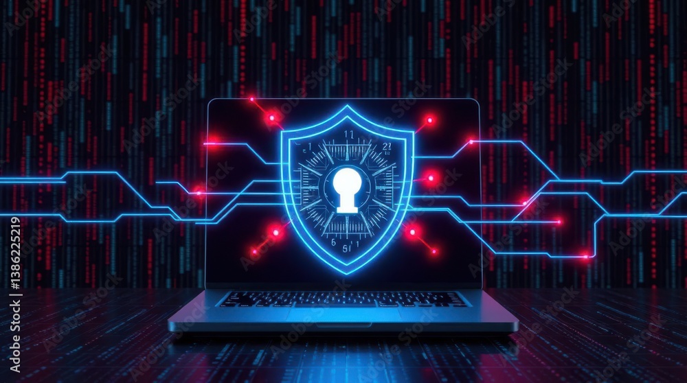 Aufkleber cybersecurity shield: a laptop displays a glowing shield, symbolizing secure internet connection.