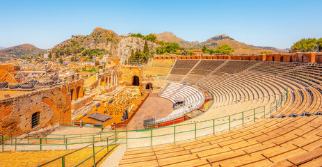 Ancient theater of Taormina with Mount Etna in the background, Sicily, Italy