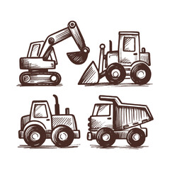 Kids sketch style construction vehicles set with black line art