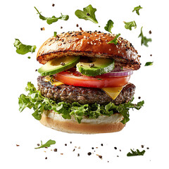 A Fresh Roasted Veggie Burger with Lettuce Tomato Isolated on Transparent Background