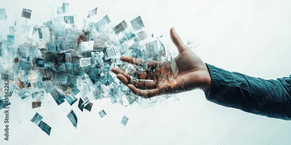Poster hand reaching through fragmented paper in a creative display of motion and texture, illustrating the