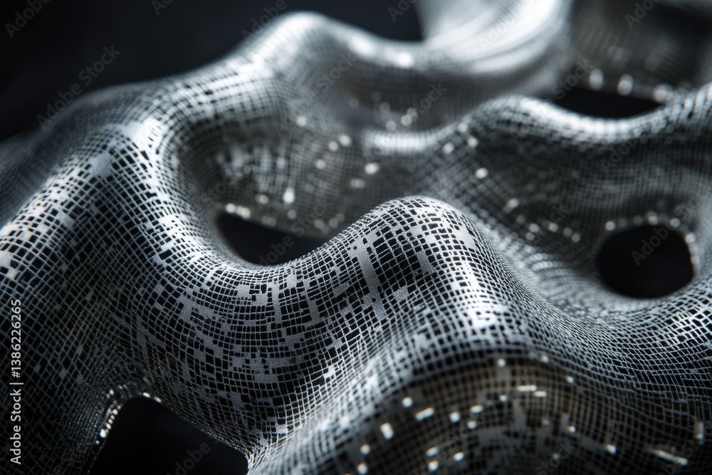 Aufkleber Abstract flowing silver grid-like structure with geometric patterns and glowing dots, creating a futuristic, organic and interconnected network visual effect.