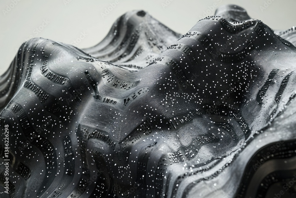 Poster a topographic abstract landscape in shades of gray, adorned with sparkling white dots, creating a su