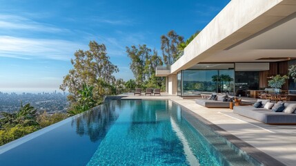 Fototapeta premium Luxury Hilltop Mansion with Infinity Pool and Panoramic City Views