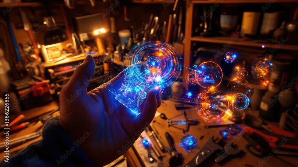 Poster a closeup of a handheld ar device showing vibrant holographic projections of mechanical components s