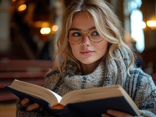 Young woman reading a book in a church