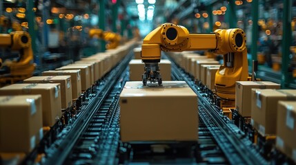 Automated robotic arm moving boxes on a conveyor belt in a warehouse.