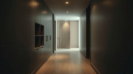 Fototapeta premium Hallway with wood floor, modern cabinets and open door. Clean lines, minimalist design, modern hallway.