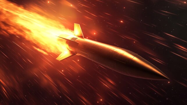 Nuclear icbm missile is flying in the space with trailing fire