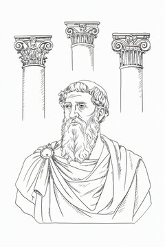 line drawing of Vitruvius with scrolls showing Doric, Ionic, and Corinthian capitals, wearing a Roman toga, white background
