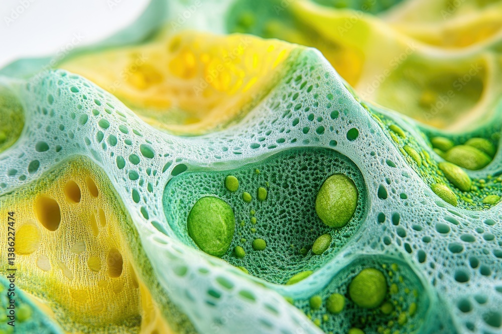 Poster an intriguing close-up of a surface featuring yellow, green, and blue hues with a porous, cellular-l