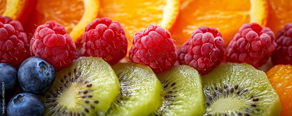 Poster sliced kiwi, orange slices, blueberries and raspberries creating delicious fruit salad background