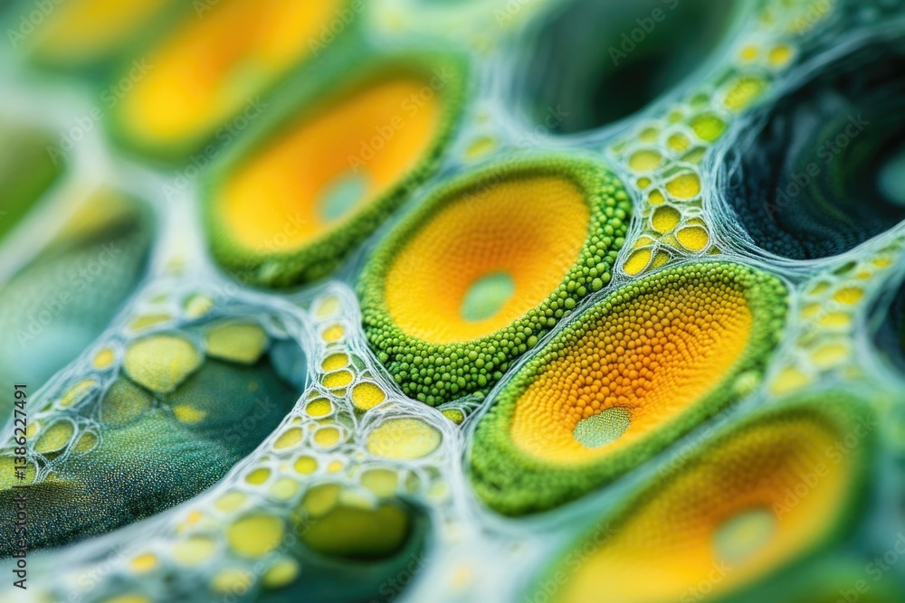 Aufkleber Macro photograph displaying intricate patterns of interconnected green and yellow spheres with a mesh-like structure.