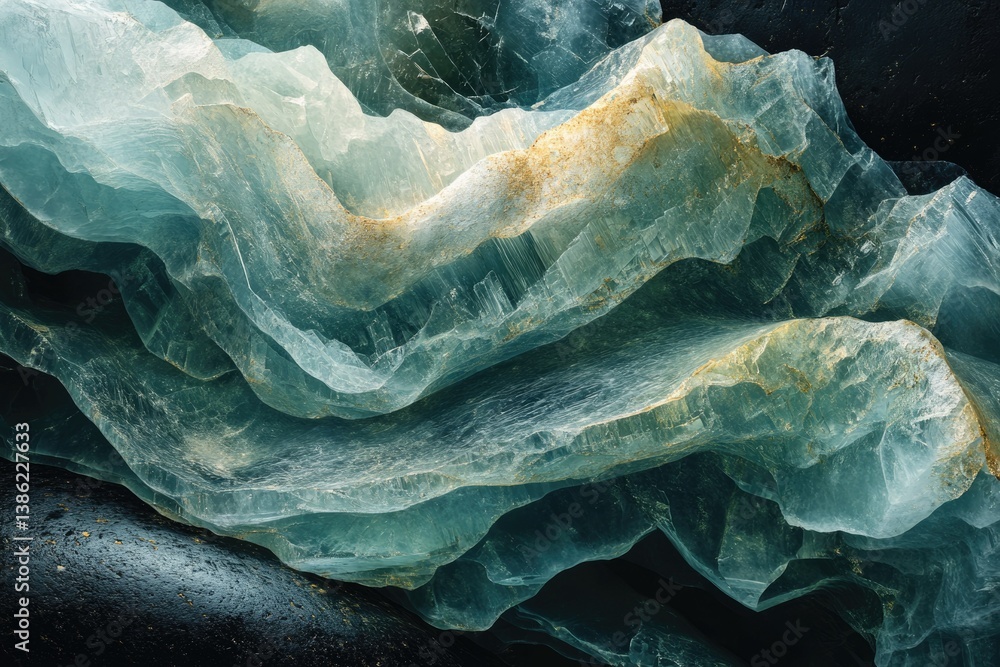 Poster A captivating image displays layered teal and white rock formations with subtle golden hues, against a dark, contrasting backdrop, creating depth.