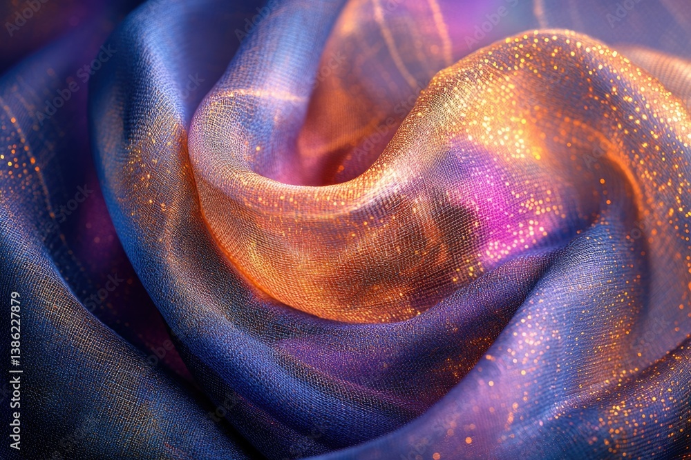 Leinwandbilder flowing fabric with shimmering gold accents, transitioning from blue to orange, creating a luxurious