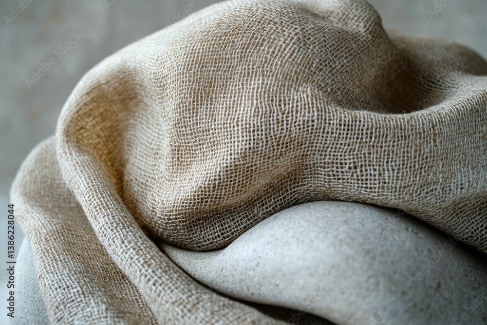 Poster close-up of a soft, draped beige burlap fabric over a smooth, light-colored stone creating a texture