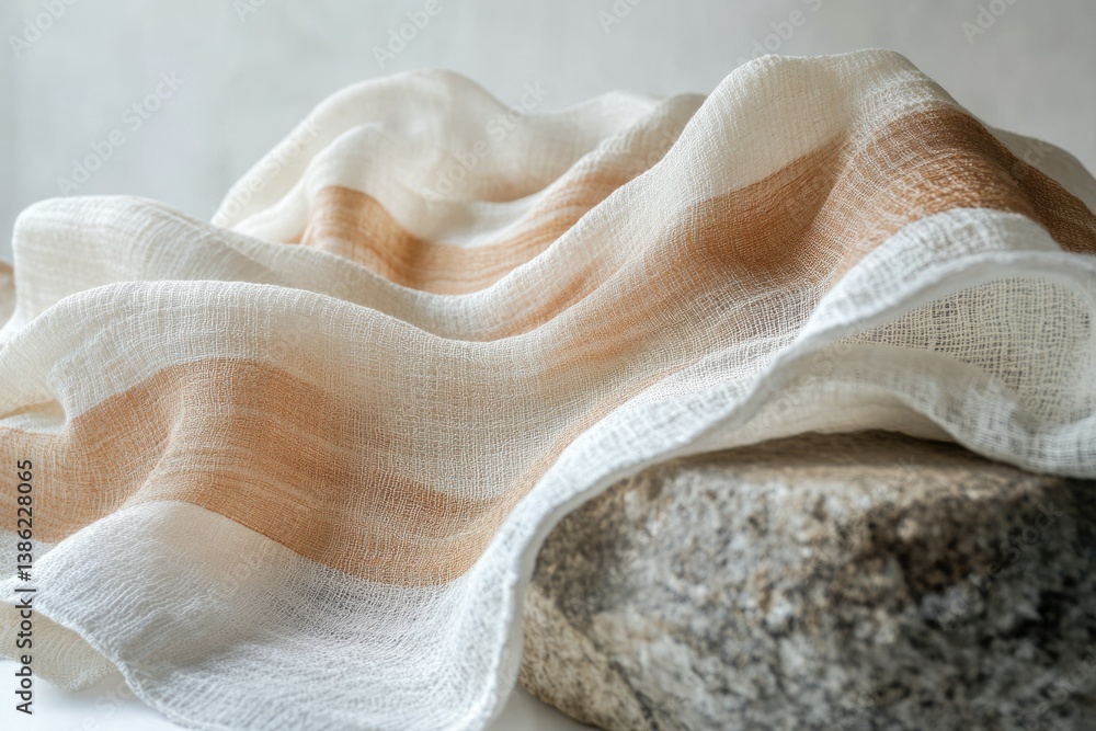 Poster striped white and tan linen fabric draped gracefully over a textured grey stone, creating a natural 