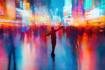Dancer in vibrant costume performs joyfully in Times Square during the evening, surrounded by colorful lights and lively crowd celebrating the urban atmosphere