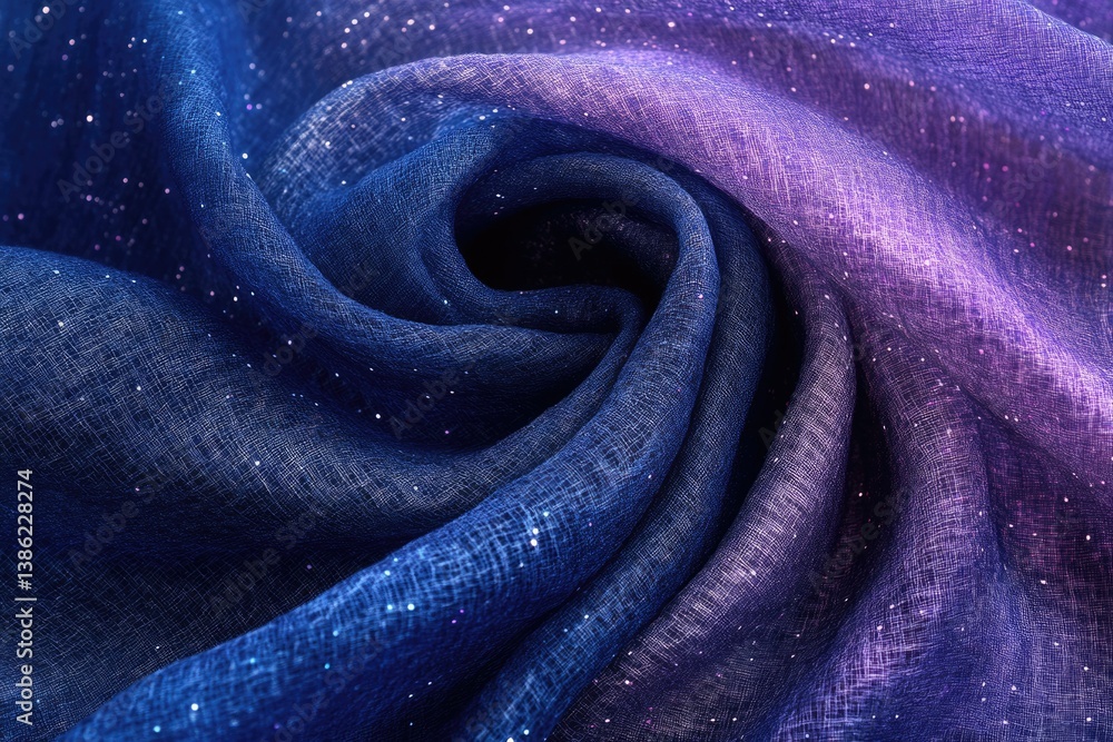 Poster elegant swirl of blue and purple fabric, sparkling with faint glimmers, creating a mesmerizing, cele