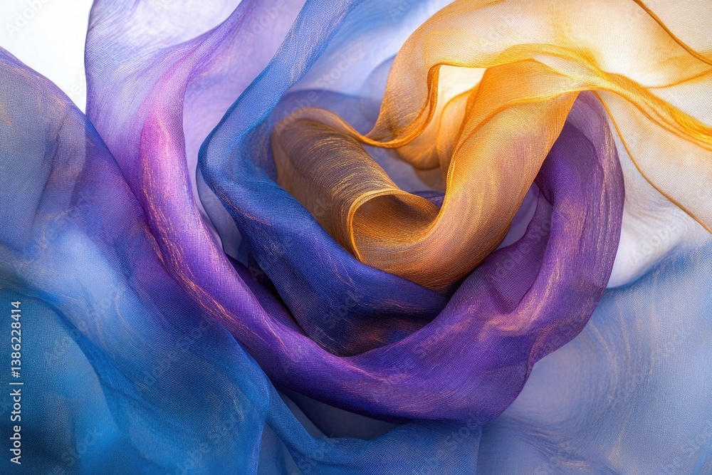 Poster abstract image showcases swirling, translucent fabrics in mesmerizing hues of blue, purple, and gold