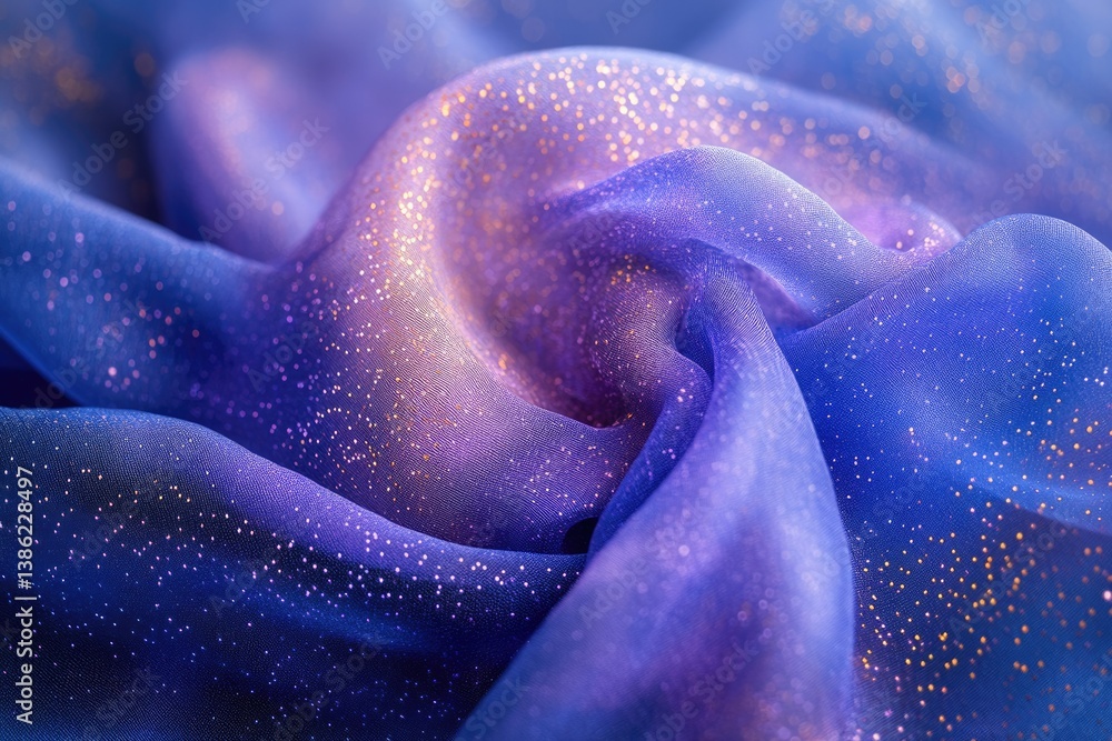 Aufkleber Flowing, iridescent fabric with shimmering particles, creating a dreamy and ethereal aesthetic in shades of blue and purple.