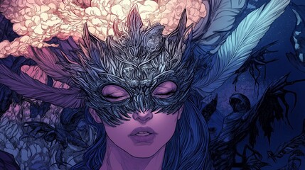 Fantasy Illustration of Woman in Intricate Feather Mask with Eyes Closed Surrounded by Dark Creatures for Book Covers, Gothic Fantasy Posters, and Dreamscape Concepts in Violet and Midnight Blue Tones