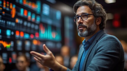 Fototapeta premium Businessman presenting data analysis charts and graphs on screen