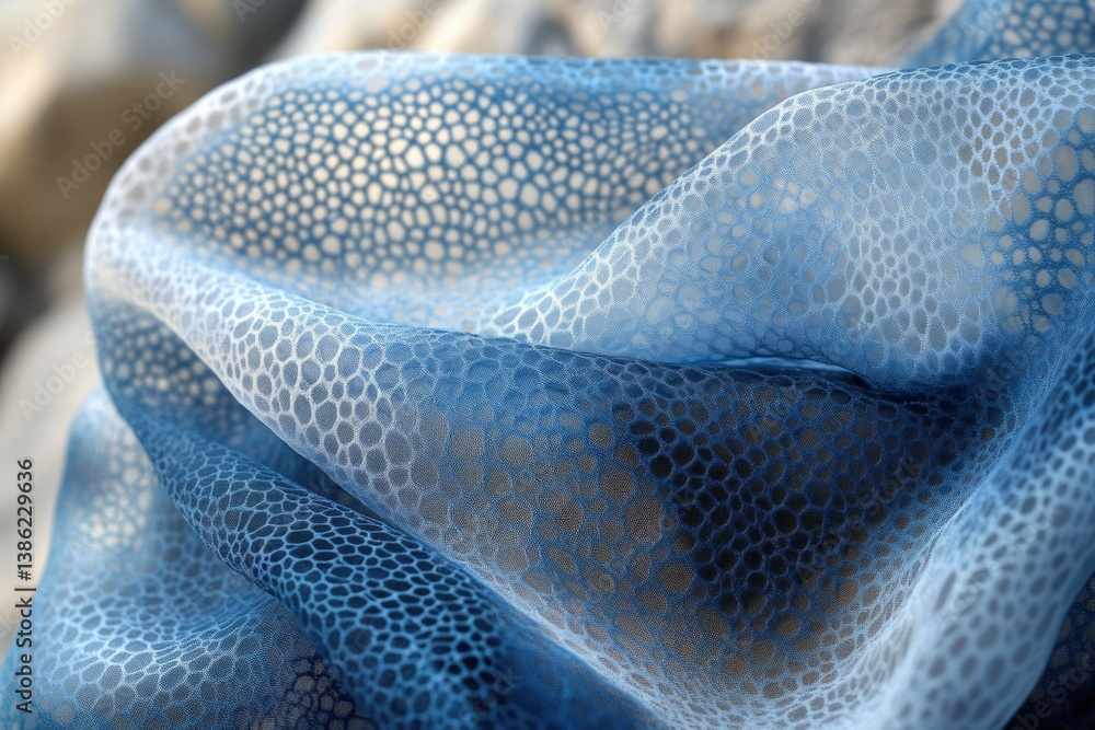 Poster a close-up shot of a blue fabric featuring a unique organic-like pattern, resembling cells or intric