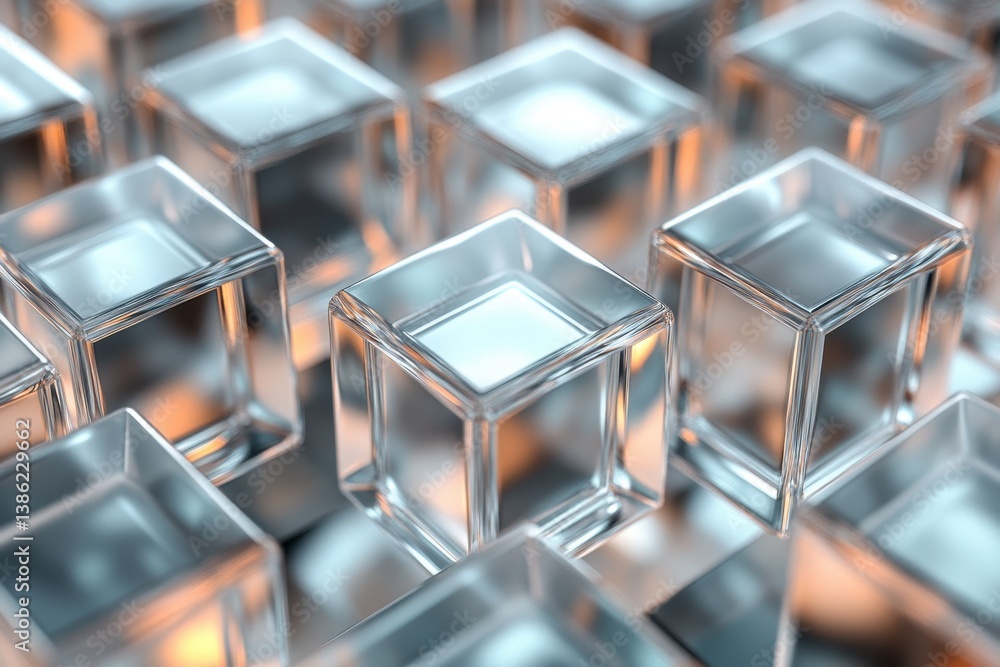 Aufkleber Transparent glass cubes arranged in a grid pattern with soft lighting illuminating the surfaces in an abstract artistic display
