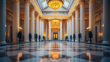 Obraz premium Grandiose Palace Interior: Marble Hallway, Gilded Columns, and Checkered Floor