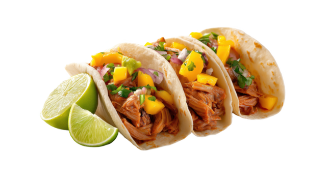 Mexican Tacos al Pastor with mango (Marinated meat tacos)	
isolated on a transparent background PNG