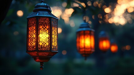 Enchanted Ramadan Night: Glowing Lanterns in a Mystical Garden